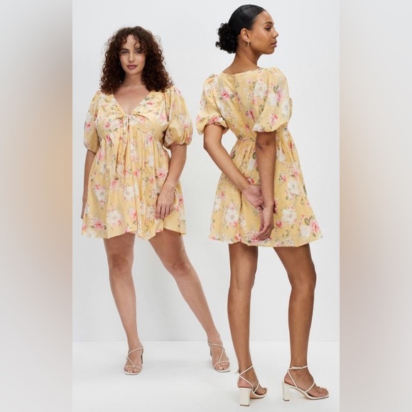 Abercrombie & Fitch Yellow Floral Cinch-Front Poplin Mini Dress - Size S - Picture 6 of 6